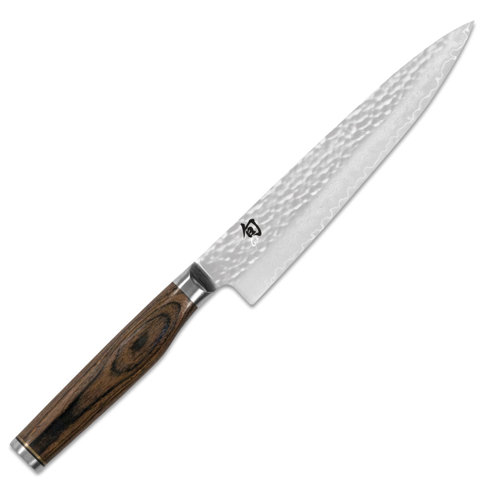 Allzweckmesser von KAI - Serie: Shun Premier Tim Mälzer, 
Grifflänge: 11 cm, Klingenlänge 16,5 cm, beidseitig geschliffen, Griff aus braun-meliertem Pakkaholz
Online-Shop Home-and-Kitchen.de