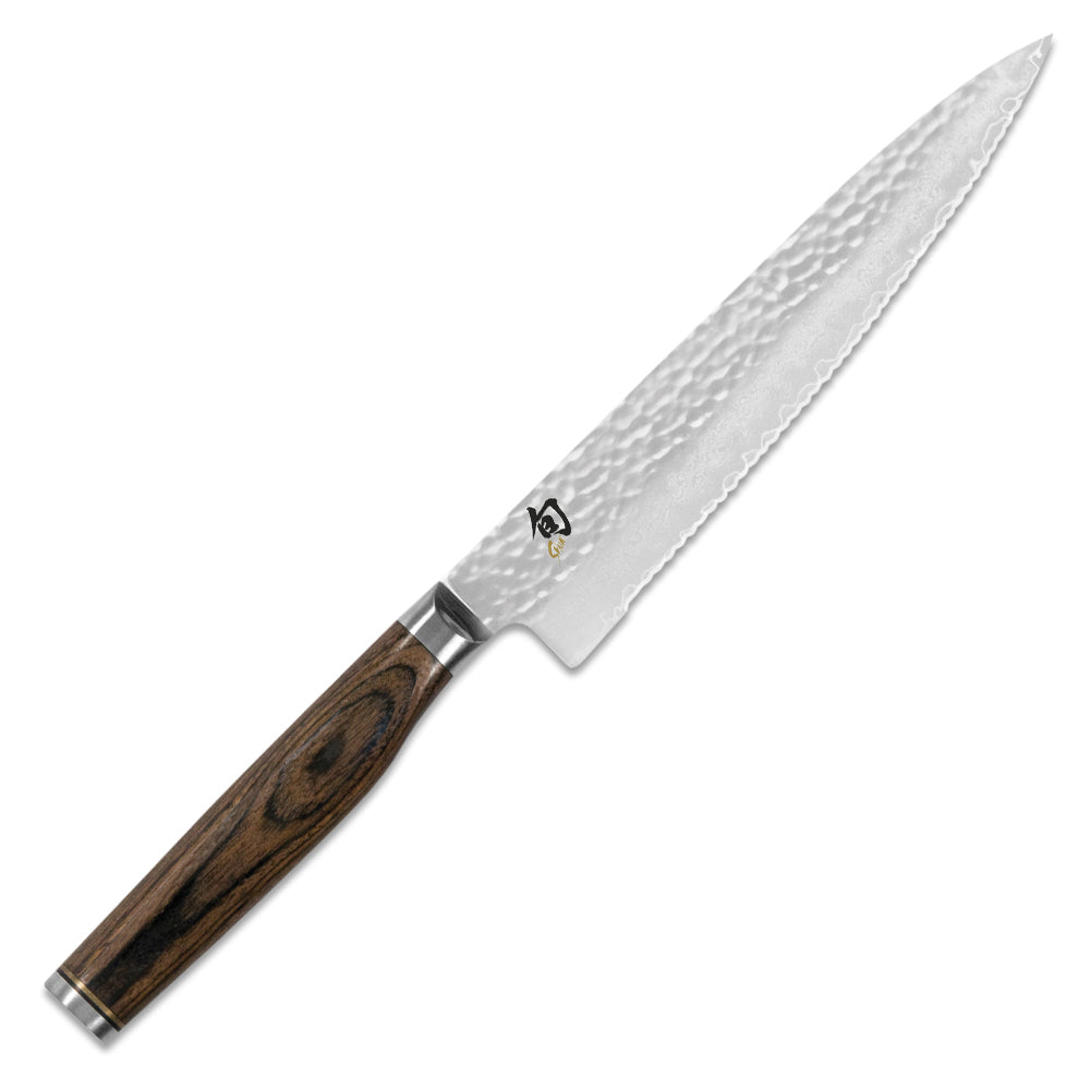 Allzweckmesser mit Wellenschliff von KAI - Serie: Shun Premier Tim Mälzer, handgefertigt in Japan, Gewicht 95 g,
beidseitig geschliffen, Griff aus Pakkaholz, Online-Shop Home-and-Kitchen.de

