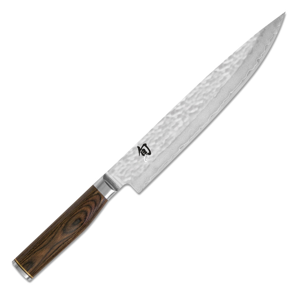 Schinkenmesser von KAI - Serie: Shun Premier Tim Mälzer, spitze, 24 cm lange  Klinge,  mit Hammerschlag-Oberfläche, 
beidseitig geschliffen, Griff aus 
Pakkaholz, braun-meliert 
Online-Shop Home-and-Kitchen.de