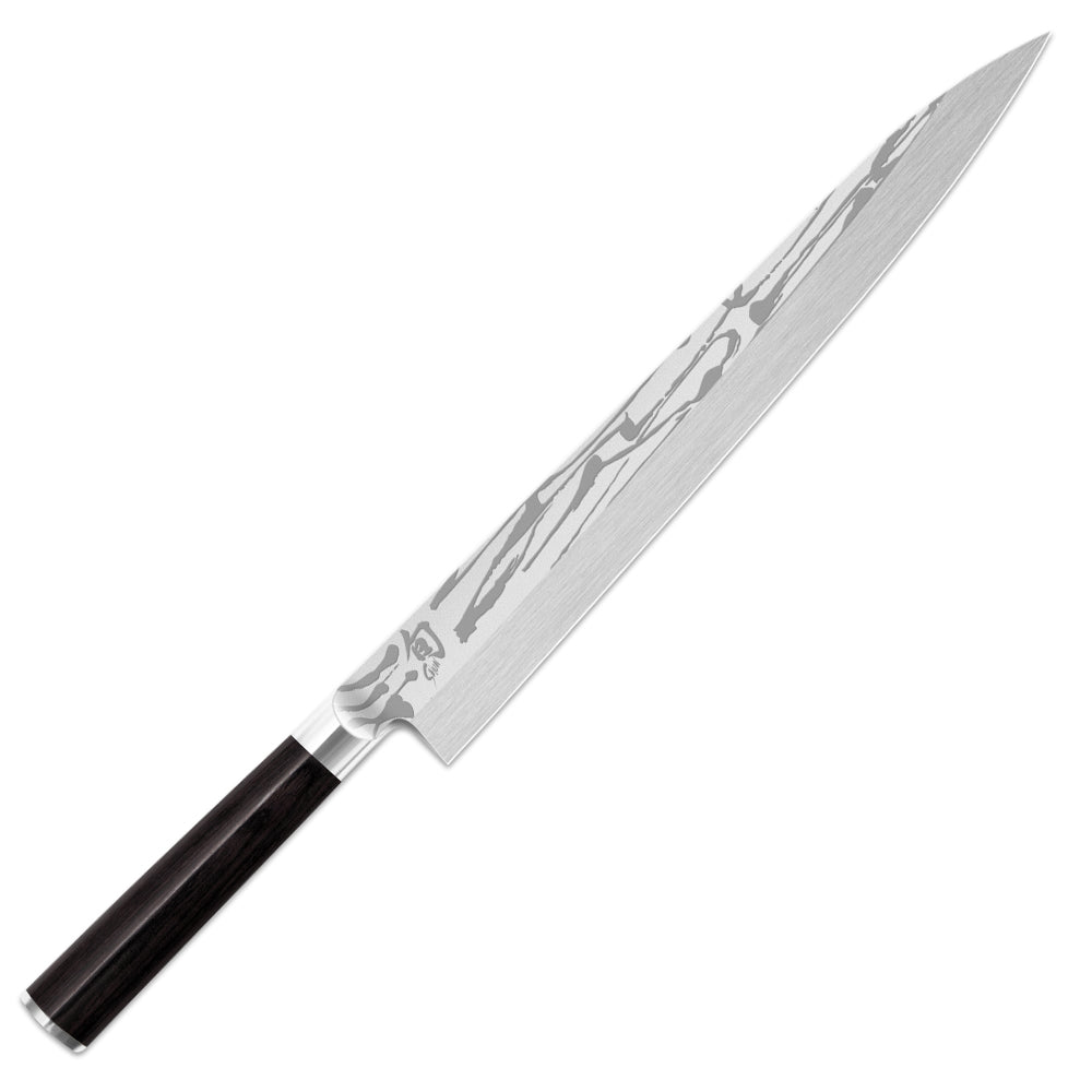 Griff aus feuchtigkeitsresistentem Pakkaholz, Yanagiba Messer von KAI - 
Serie: Shun Pro Sho, Klinge mit moderner Ätztechnik, einseitiger Klingenschliff, Online-Shop Home-and-Kitchen.de
