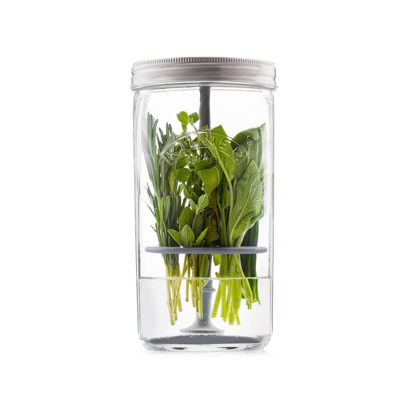 Kräuter - Aufbewahrungsglas von Kilner mit integriertem Halter, 1 Liter, 
längere Haltbarkeit von frischen Kräutern im Kühlschrank, ideal für Kräuterreste
