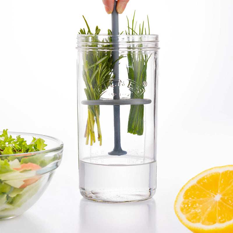 Von Kilner: Kräuter - Aufbewahrungsglas mit integriertem Halter, Volumen 1 Liter, längere
Haltbarkeit von frischen Kräutern im Kühlschrank, ideal für Kräuterreste
Herausnehmbare Stange für einfache Entnahme, mit Schraubdeckel und Anleitung
