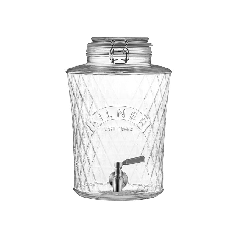 5 Liter Getränkespender DIAMOND von Kilner mit Edelstahl Schwenk-Zapfhahn,
Deckel mit Silikon luftdicht verschließen
Zum Ansetzen von Rumtöpfen, Bowle, Limonade, Öle usw.
Mit Diamantprägung
