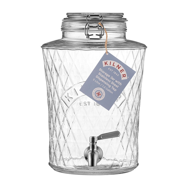 Von Kilner: 5 Liter Getränkespender DIAMOND mit 
Edelstahl Schwenk-Zapfhahn,
Deckel mit Silikon luftdicht verschließen, z.B. zum 
zum Ansetzen von Rumtöpfen, Bowle, Limonade, Öle usw. - mit 
Diamantprägung