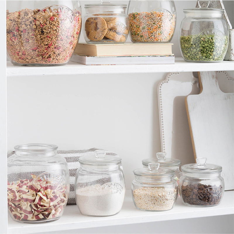 Kilner universelle, runde Vorratsgläser mit einem Volumen von  0,85 l, 2,0 l, 4,0 l, integriertem Silikonrand für gute Abdichtung, nostalgische Form mit Kilner-Prägung im Glas

