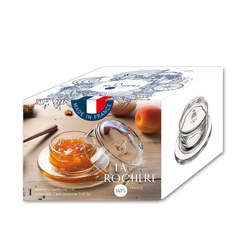 Butterdose/Marmeladenglas ABEILLE  von La Rochere, Frankreich, 70 ml, mit Bienenmotiv, Glasdeckel und Glasuntersetzer