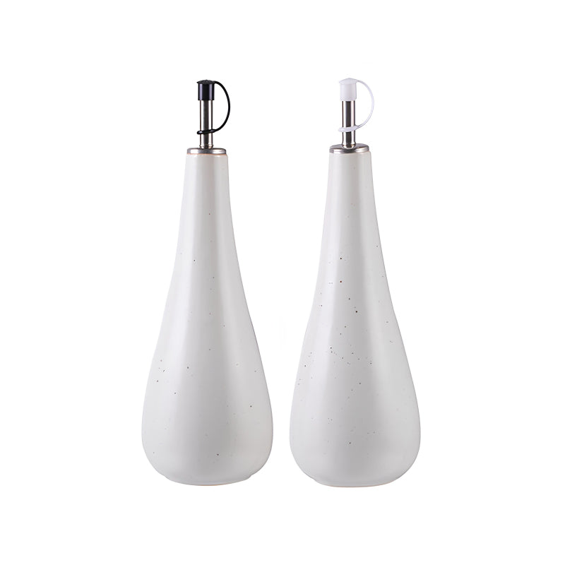 Essig und Öl-Set NESTLE von Ladelle in weiß,  Tropfenform, weiße glatte Keramik mit grauen Sprenkeln, unterschiedliche Verschlüsse in Weiß und Schwarz
Online-Shop Home-and-Kitchen.de