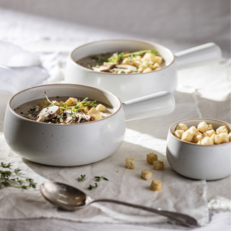 Suppenschale NESTLE von Ladelle, Länge 15,5 cm, Höhe 6 cm, Durchmesser 15,5 cm, backofenfest und mikrowellengeeignet, weiße Keramik mit grauen Sprenkeln, auch für Salate und Süßspeisen