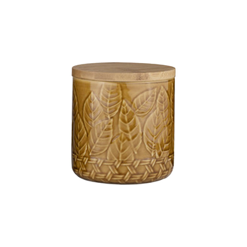 Karamellfarbige Vorratsdose HEATH von Ladelle mit Blattmuster, mit Holzdeckel, Höhe und Durchmesser jeweils 12 cm, spülmaschinengeeignet (ohne Deckel), kombinierbar mit der Vorratsdose Jadegrün Online-Shop Home-and-Kitchen.de
