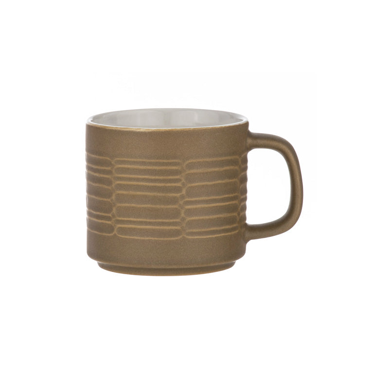 Kaffeebecher CARVE von Ladelle, mit Henkel, Farbe: Senf, 2 unterschiedliche Muster, 4 zusammen passende Farben, kombinierbar mit den Tassen der Serie TAPER, Tasse innen Farbe Creme, 350 ml, Höhe 10 cm, spülmaschinengeeignet
