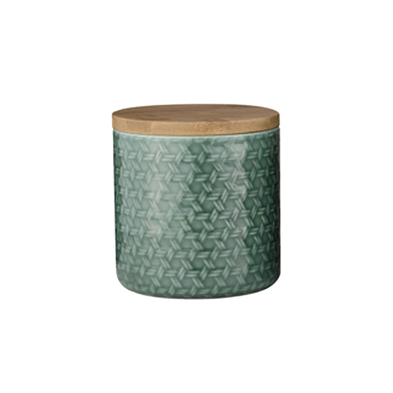 Vorratsdose HEATH aus Porzellan von Ladelle, in Karamell oder Jadegrün, Holzdeckel, Höhe und Durchmesser 12 cm, Flechtmuster. Online-Shop Home-and-Kitchen.de