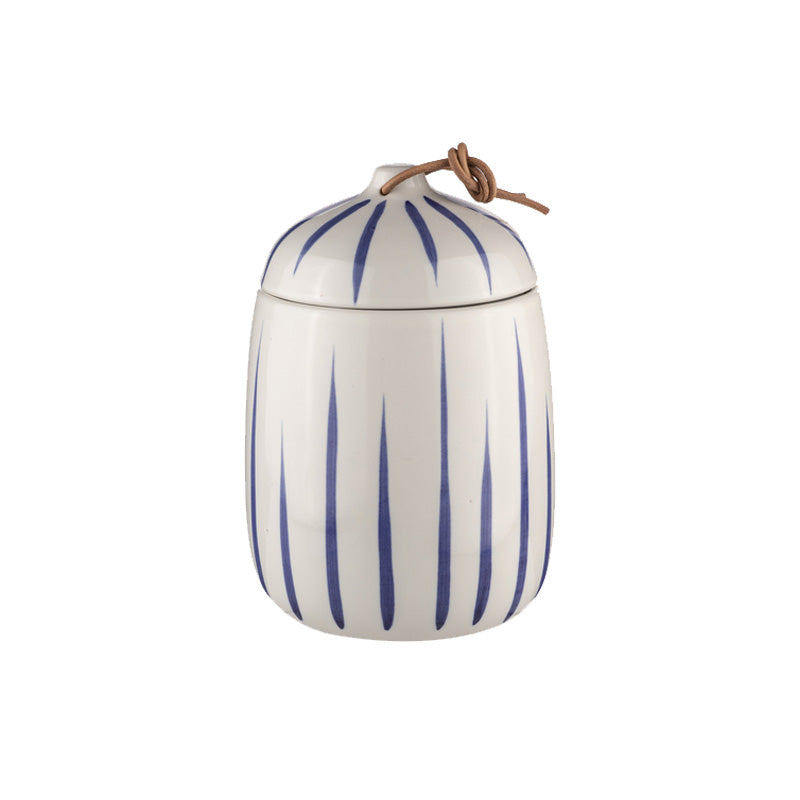Ladelle Vorratsdose, blau, mit Deckel und Lederschlaufe, Höhe 7 cm, Durchmesser 11,5 cm, in 4 Farben, handbemalt mit Streifenmuster, ovalrunde Form, Online-Shop Home-and-Kitchen.de