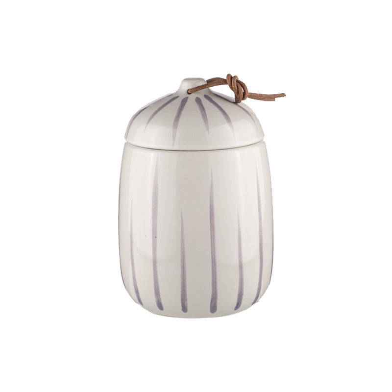 Lila Vorratsdose CARNIVAL von Ladelle mit Deckel und Lederschlaufe, Höhe 17 cm, Durchmesser 11,5 cm, von Hand bemaltes Streifenmuster, ovale Form, Online-Shop Home-and-Kitchen.de