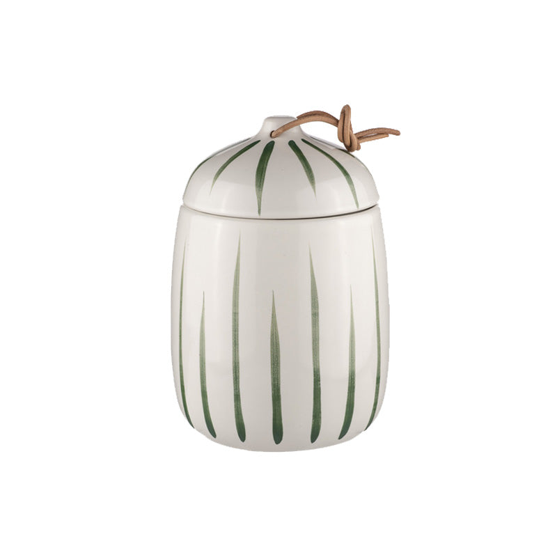 Vorratsdose CARNIVAL von Ladelle, grün, mit handbemaltem Streifenmuster, Deckel mit Lederschlaufe, Höhe 17 cm, Durchmesser 11,5 cm Online-Shop Home-and-Kitchen.de
