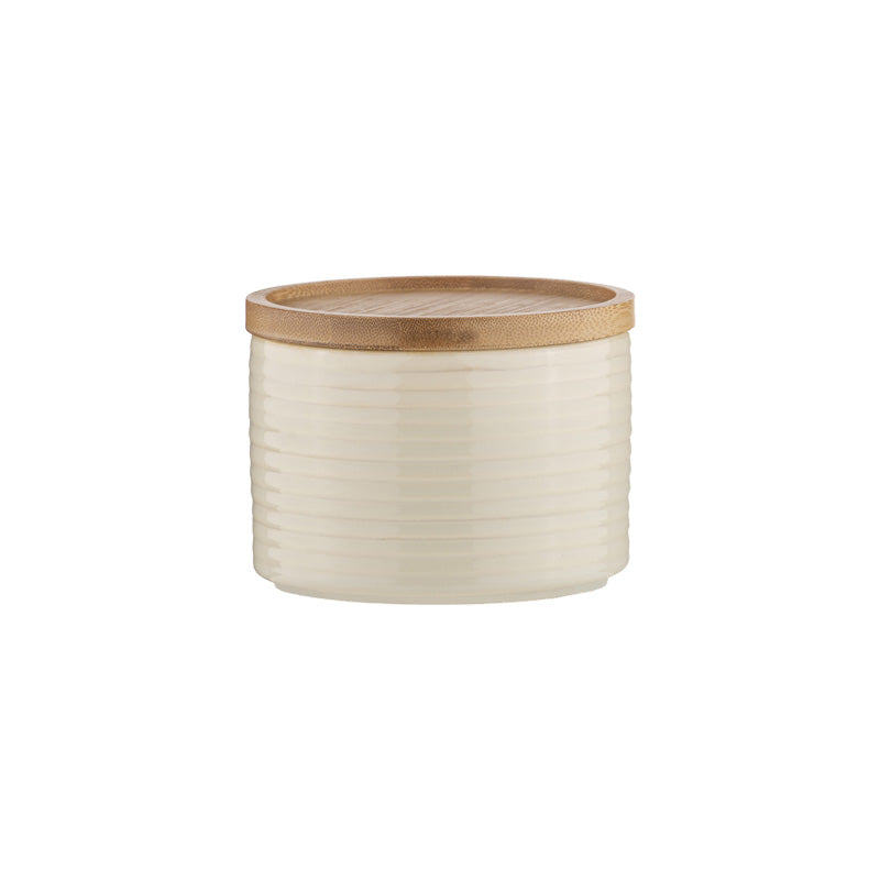 Vorratsdosen STAX von Ladelle, Beige, Holzdeckel mit Silikonrand zum luftdichten Verschließen, Höhe 16 cm, Durchmesser 12 cm / Höhe und Duchmesser jeweils 12 cm / Höhe 8 cm, Durchmesser 12 cm, stapelbar, modernes Rippenmuster im Online-Shop Home-and-Kitchen.de