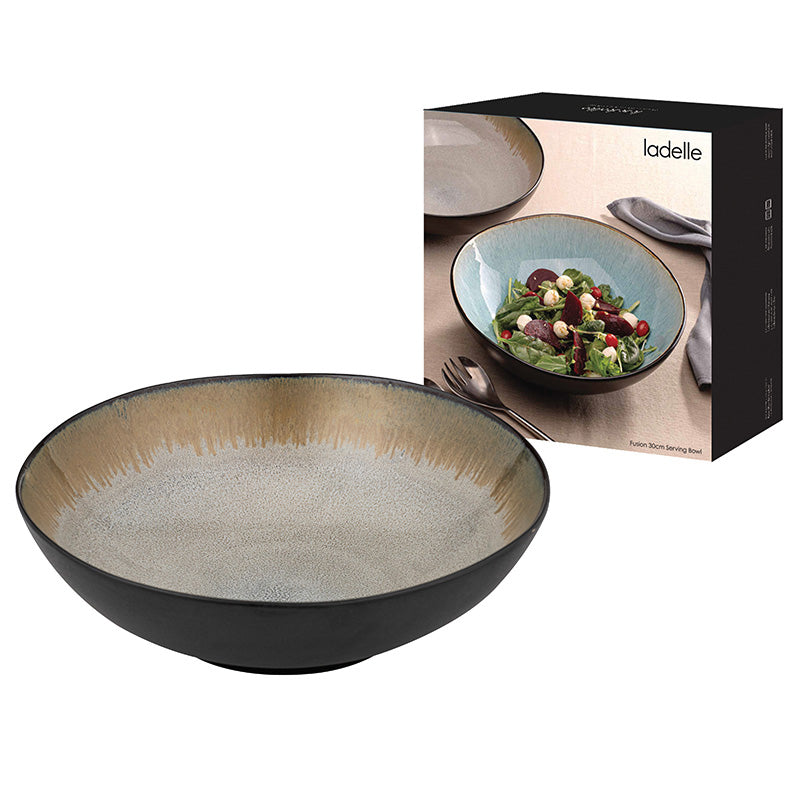 Handglasierte Servierschüssel Fusion von Ladelle, Keramik, 2 Farben,  schwarze Lasur außen, schöner Farbverlauf, Durchmesser 30 cm, Höhe 9 cm, auch als Salatschüssel geeignet