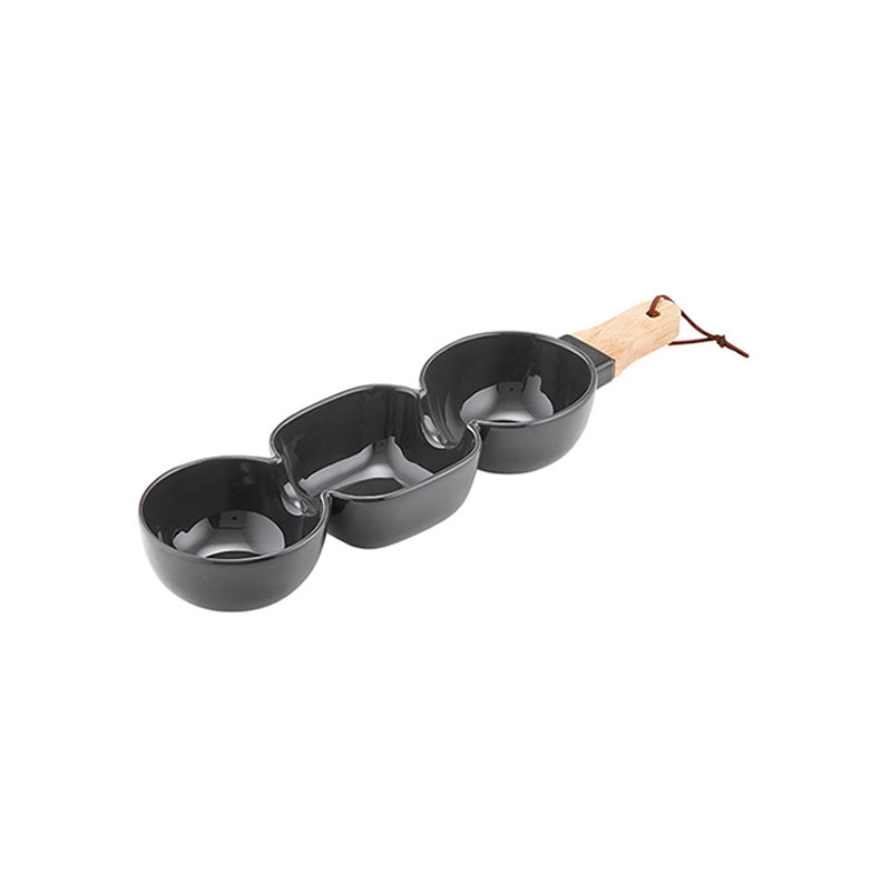 Servier-Stick classic von Ladelle, Farbe Anthrazit, ineinander übergehende Keramikschalen, 2 runde, 1 eckige, für Knabbergebäck, Dips, Süsses, mit Holzgriff und Schlaufe zum Aufhängen