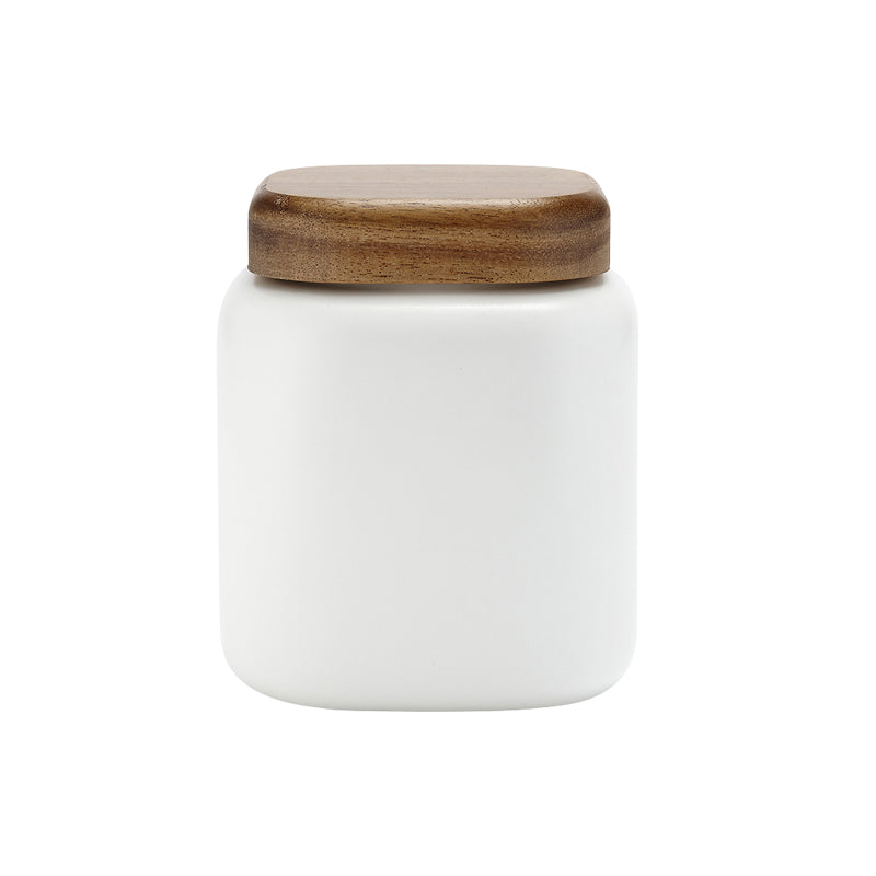 Holzdeckel mit Maserung auf ESSENTIALS Vorratsdosen von Ladelle, 750 ml Volumen, eckiges Design 10 cm Durchmesser, 12 cm Höhe, spülmaschinengeeignet (ohne Deckel)