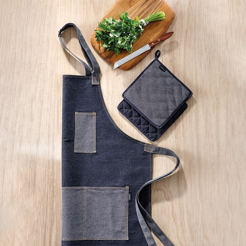 Jeansstoff-Küchenschürze Denim Blue von Ladelle, mit Tasche für Handy, 2 große Taschen an der Hüfte, 80 x 70 cm, Nackenschieber zur Einstellung der Größe