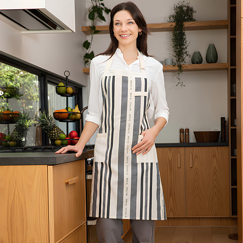 Ladelle Küchenschürze mit Streifenmuster, 100 % Baumwolle, mit 2 Taschen, Größe mit Nackenschieber verstellbar