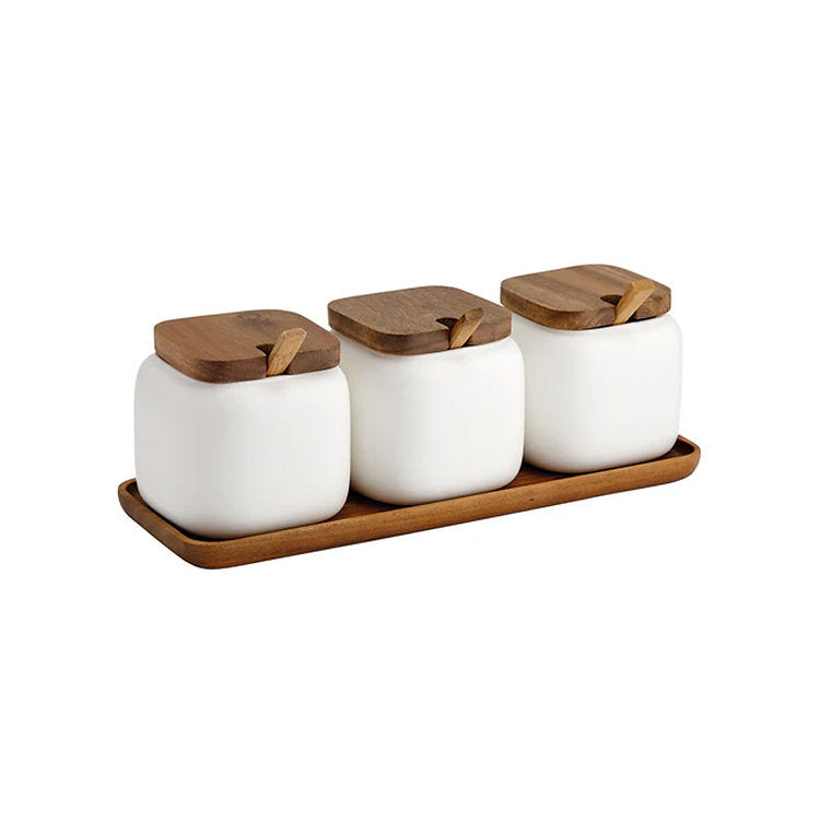 Weiße Keramik-Dosen von Ladelle, mit Holzdeckeln und -löffeln, dazugehöriges Tablett aus Akazienholz, für Honig, Gewürze oder Tee