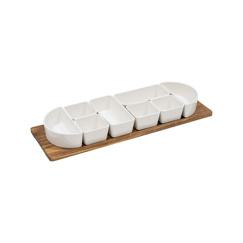 Modular Server Alto von Ladelle in weiss, mit Holztablett, für das Servieren von Tapas, Dips etc., 9-teilig, inkl. Holztablett
