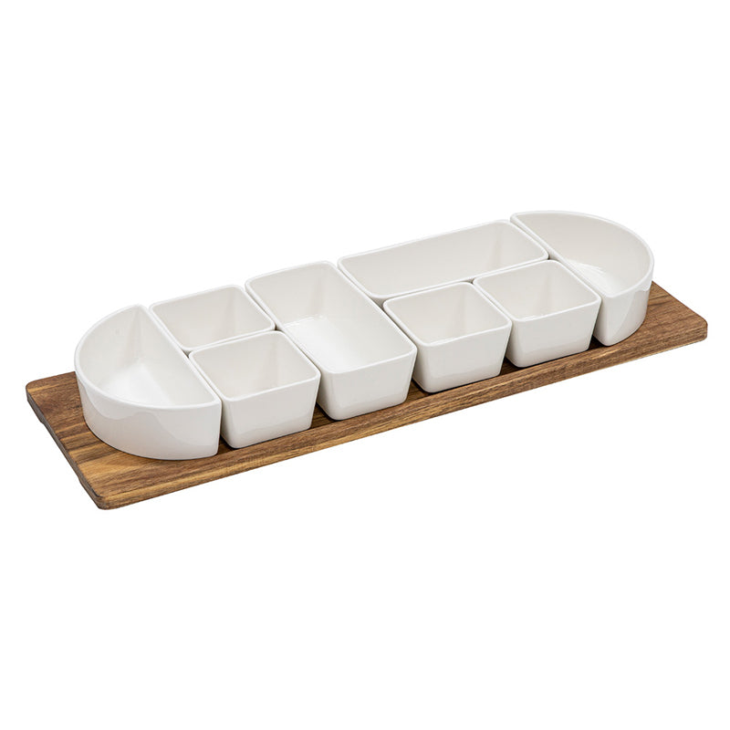 60,5 cm langes Servierbrett Alto von Ladelle für lange Tische und Buffets, 9 weisse Keramikschalen inkl. Holzbrett
