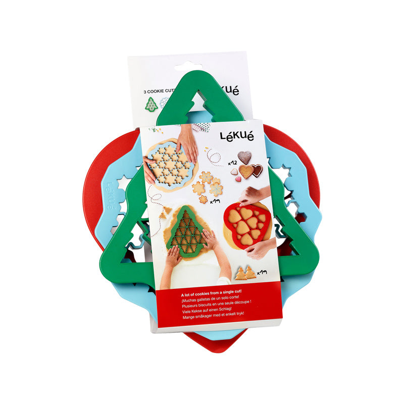 Lekue Ausstechformen, Herze, Weihnachtsbäume und Schneeflocken, 3-er Set, aus robustem lebensmittelechtem Kunststoff, Größe Herz-Schablone 24,5x25.2x15 cm, Schneeflocken-Schablone: 15 cm, Durchmesser 23,5 cm, Weihnachtsbaum-Schablone: 23,5x27x15 cm, spülmaschinengeeignet