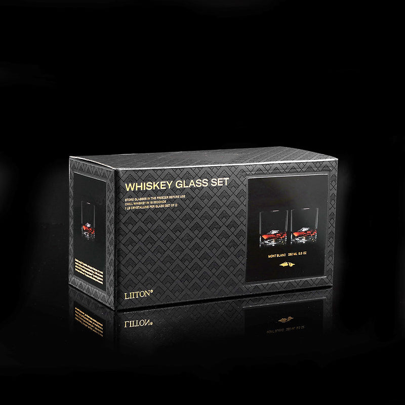 2er Set MONT BLANC Whiskygläser von Liiton, mit dem 3-D-Bergrelief im Glasboden ,270 ml Volumen, X1 Crystalline Kristall, bleifrei und langlebig, aber auch für andere Getränke geeignet im Online-Shop Home-and-Kitchen.de