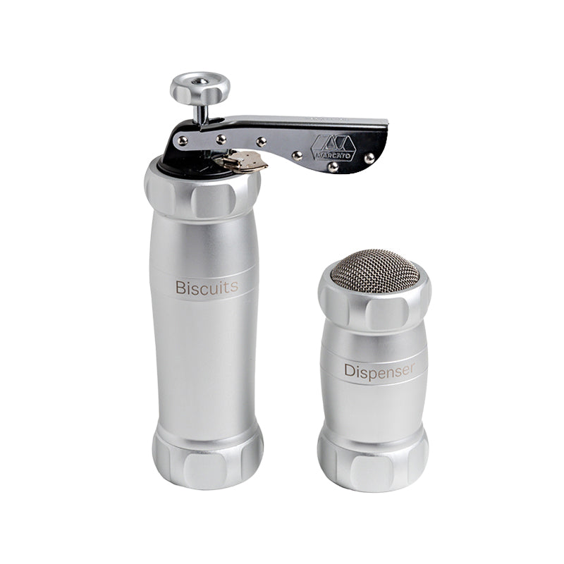 Gebäckpresse und Dispenser (Streuer) von Marcato, aus hochwertigem Edelstahl, Regler für 2 verschiedene Plätzchen-Größen