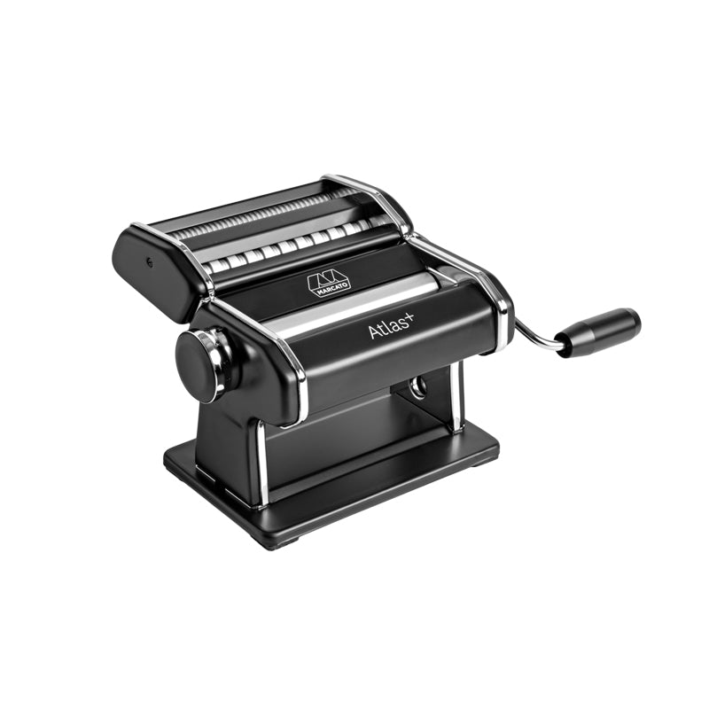 Marcato Nudelmaschine Atlas+ 150, aus schwarz-eloxiertem Aluminium, fester Stand durch Tischklammer, Steuerung des Teigblattes durch Regler, für 4 Nudelsorten