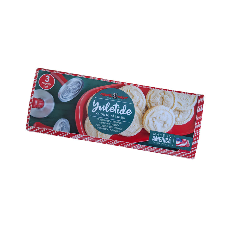 3 weihnachtliche Plätzchen-Stempel von Nordic Ware, im 3er Set mit praktischem Holzgriff aus Aluminiumguss
Motive: Hirsch, Weihnachtskugeln, Ilex (Stechpalme) mit 2 Vögeln