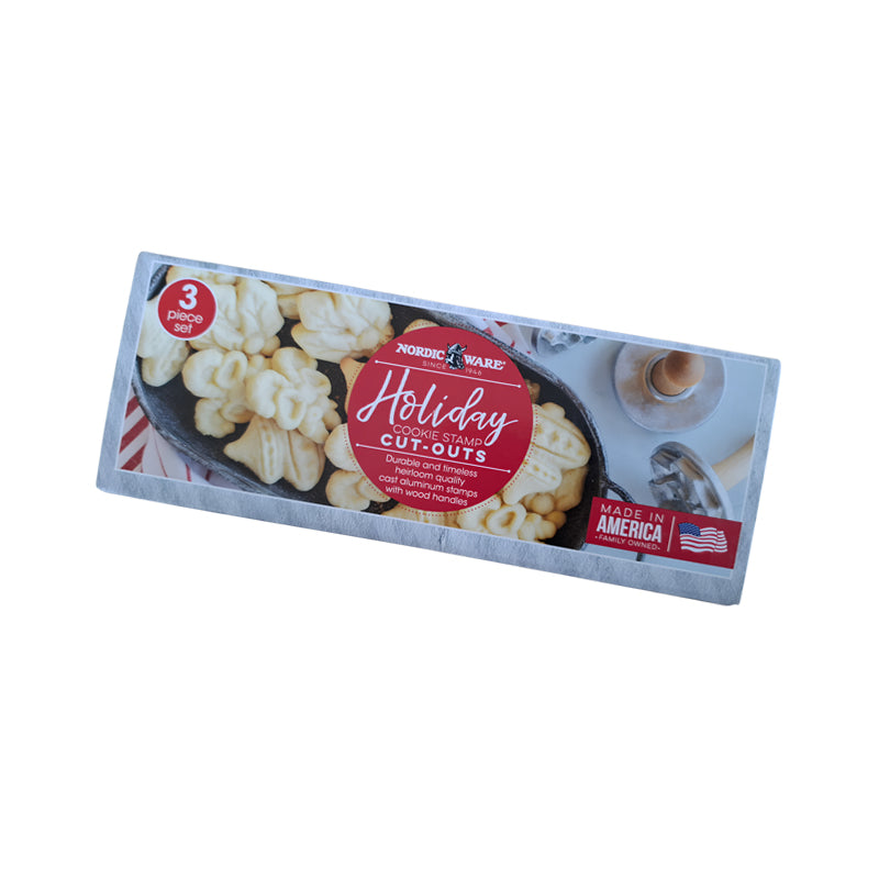 3D-HOLIDAY Weihnachtsplätzchen -Ausstecher von Nordic Ware mit weihnachtlichen Motiven im 3er Set aus Aluminiumguss, mit Holzgriff
