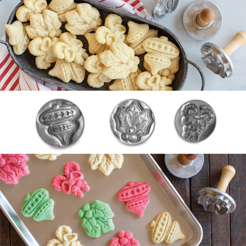 Christbaumkugeln, Ilex und Zuckerstangen mit Schleife auf den Aluminiumguss-Keks-Stempeln von Nordic Ware, Online-Shop Home-and-Kitchen.de