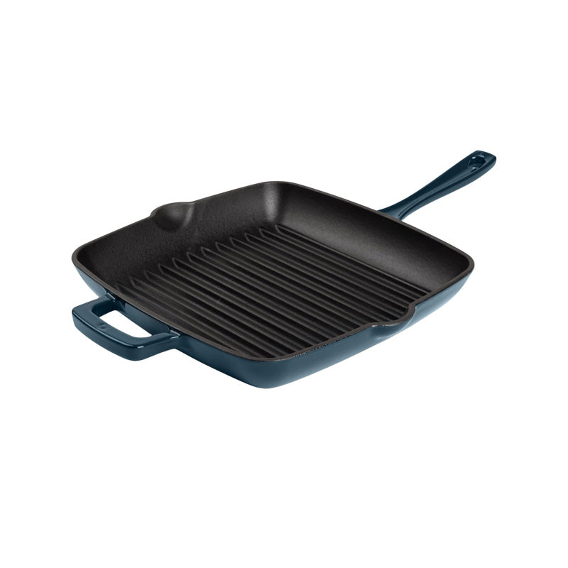 2 Ausgießer, Gusseisen-/Grillpfanne von Olavson, 24 cm, Farbe: Petrol, quadratisch, emailliert beschichtet, PFAS-frei, 2 Griffe, Online-Shop Home-and-Kitchen.de