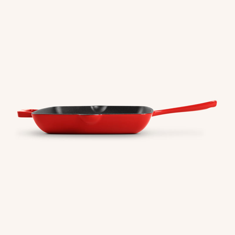 2 Ausgießer, Gusseisen-/Grillpfanne von Olavson, rot, 24 cm,  quadratisch, emailliert PFAS-frei, 2 Griffe, Online-Shop Home-and-Kitchen.de