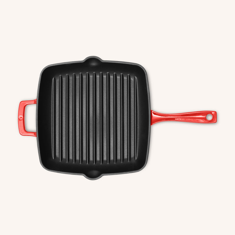 rote Gusseisen-/Grillpfanne von Olavson, 24 cm, quadratisch emailliert PFAS-frei, 2 Griffe aus Gusseisen. Online-Shop Home-and-Kitchen.de

