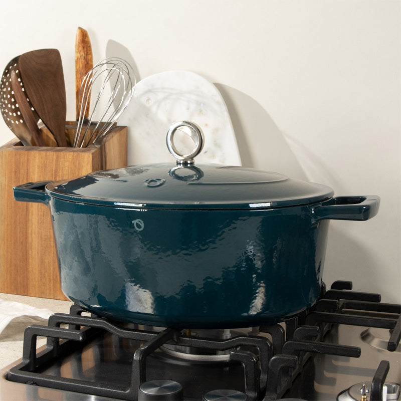 Olavson ovaler Gusseisen-Bräter, Petrol, in 3 Farben, emailliert, 2 Griffe, Deckel, Online-Shop Home-and-Kitchen.de