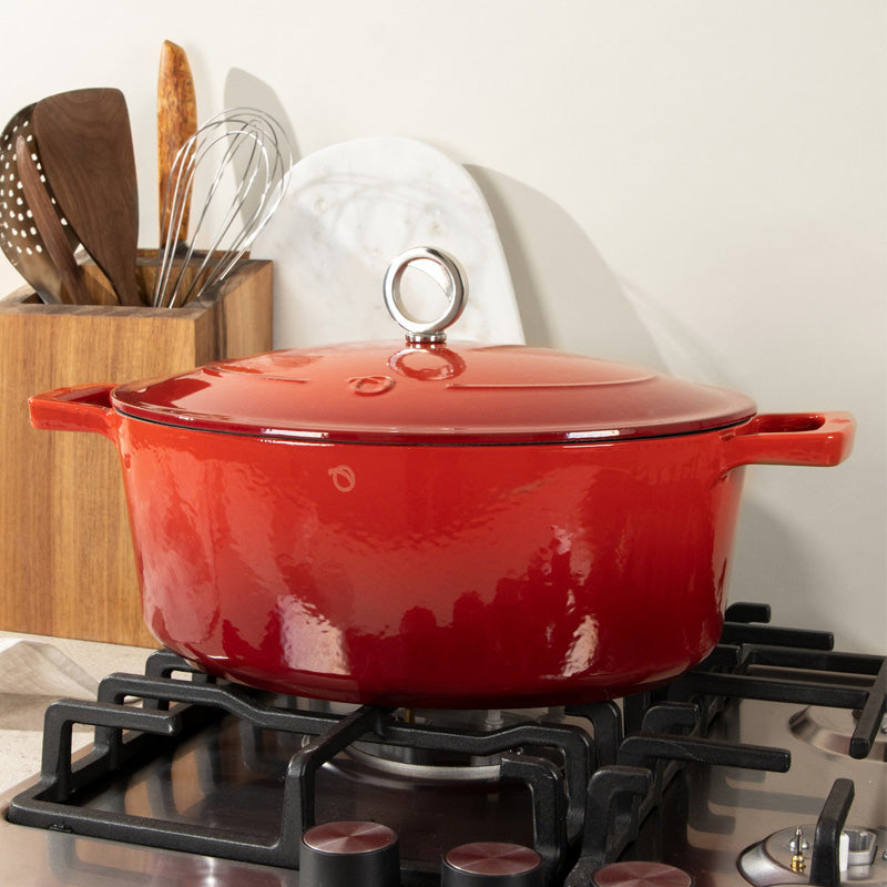 ovaler Gusseisen-Bräter,von Olavson, Farbe: Rot, emailliert, mit Deckel, 2 Griffe, Online-Shop Home-and-Kitchen.de