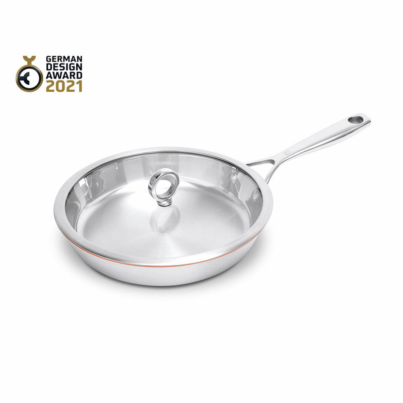 Unbeschichtete Kupferkern-Bratpfanne von Olavson,  Durchmesser 24 cm, PFAS-frei,  Glasdeckel mit Deckelknopf,  langer Griff,  Auszeichnung mit German Design Award 2021, Online-Shop Home-and-Kitchen.de