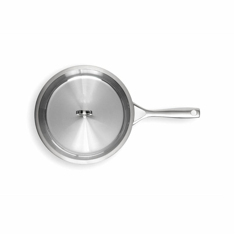 Sicht von oben: Olavson Kupferkern-Pfanne mit Glasdeckel, Ringknopf, Durchmesser 28 cm, angenietetem Stielgriff. Online-Shop Home-and-Kitchen.de