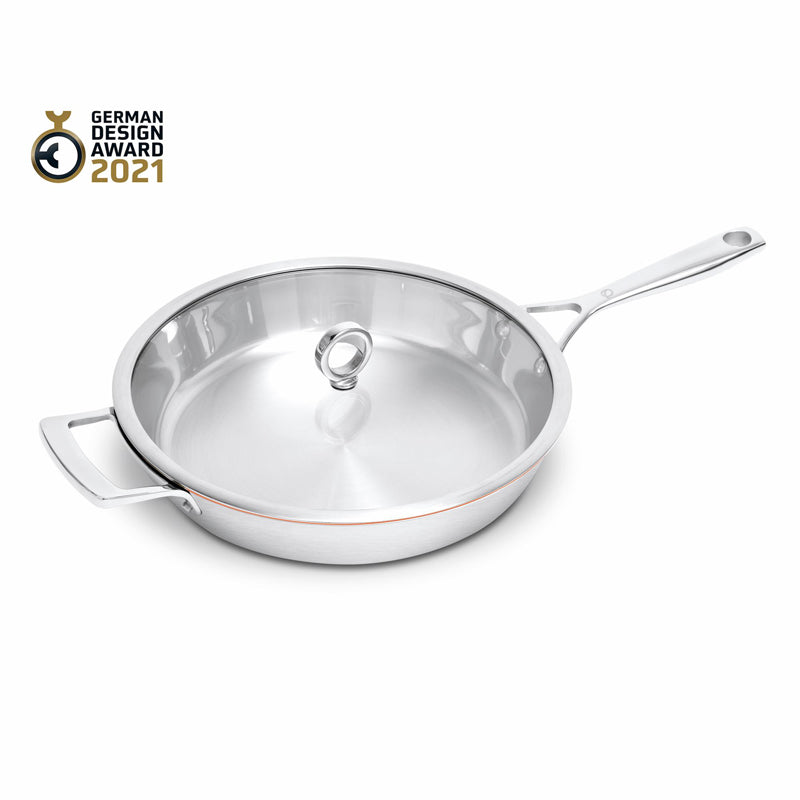 Kupferkernpfanne von Olavson, 2 Griffe,  Design-Awand 2021, Glasdeckel. Online-Shop Home-and-Kitchen.de