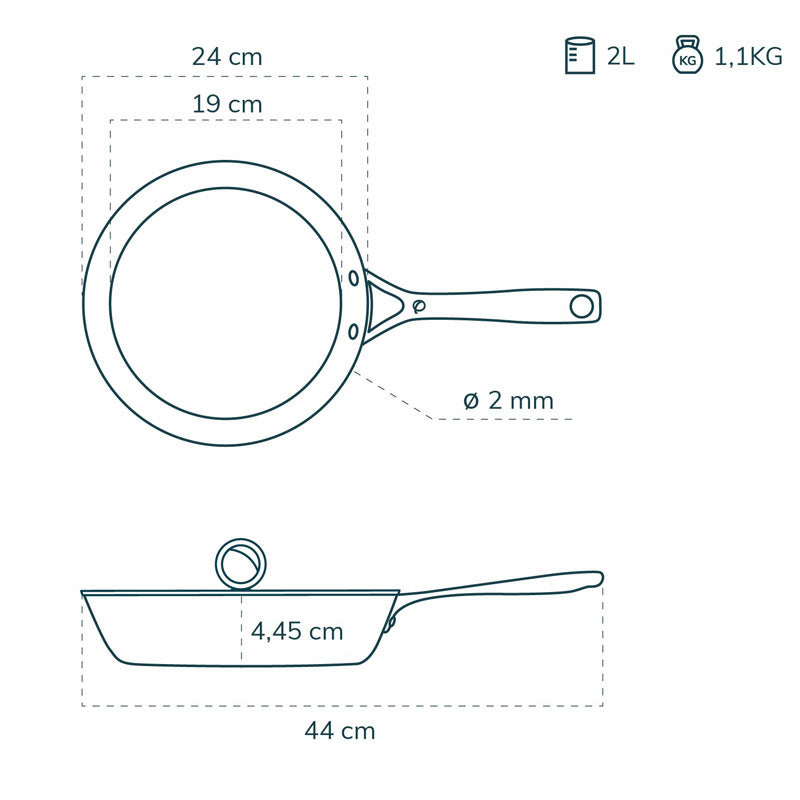 Skizze der PURE EDITION Kupferpfanne von Olavson mit 24 cm Durchmesser