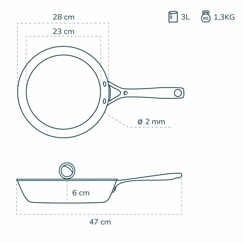 Skizze der Olavson Kupferpfanne mit 28 cm Durchmesser