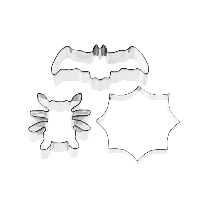 Ausstecher-Set Halloween von Paderno 3 verschiedene Motive: Spinnen, Spinnennetz und Fledermaus,  rostfreier Für süßen oder herzhaften Teig, Marzipan oder Fondant. 