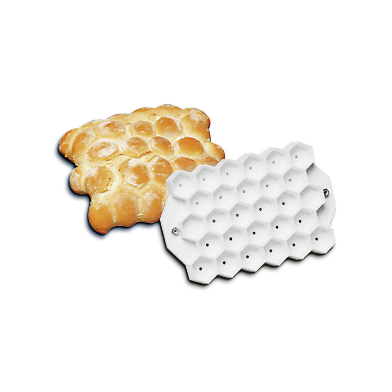 Motiv-Stempel für Brotlaibe von Martellato über Paderno, 
Muster: Blume, Waben oder Gitter
lebensmittelechter Kunststoff, mit Griff 
Größe 14 x 10 cm, spülmaschinengeeignet