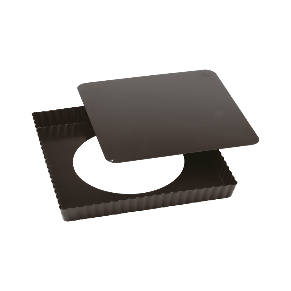 Quadratische - Backform von Paderno, 
Rand in Wellenform, 
herausnehmbarer Boden, Stahl 23 cm x 23 cm x 2,5 cm, 390 gr, Antihaftbeschichtung, backofenfest bis 230 °C