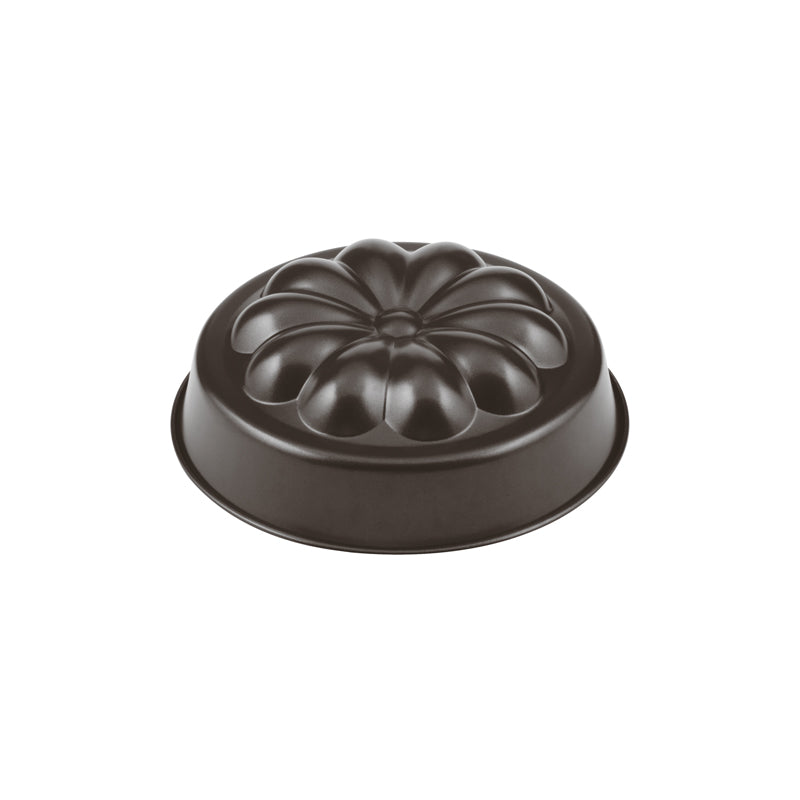Sicht von oben auf Blumenmuster - Backform von  Paderno, Stahl, Höhe 6 cm / Ø 20 cm, Gewicht 230 gr, glatter, runder Rand
Antihaftbeschichtung, backofenfest bis 230 °C. Online-Shop Home-and-Kitchen.de