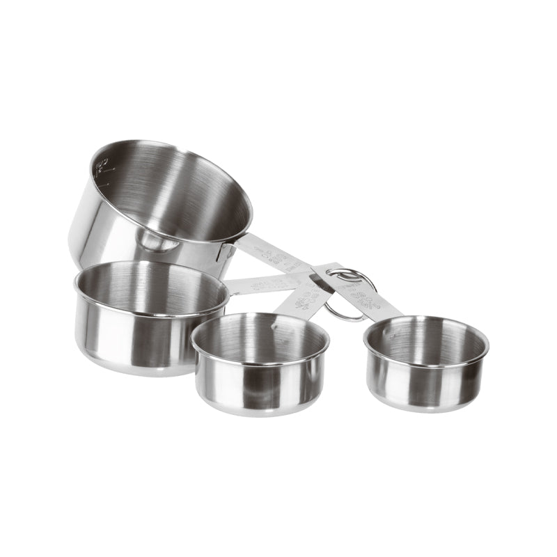 P4 Edelstahl-Messbecher im Set von Paderno, mit Ösenring, in Milliliter und englischem Maß Cup.
Nochmalige Unterteilung des großen Messlöffels in 1/4, 1/2 und 3/4 Cup