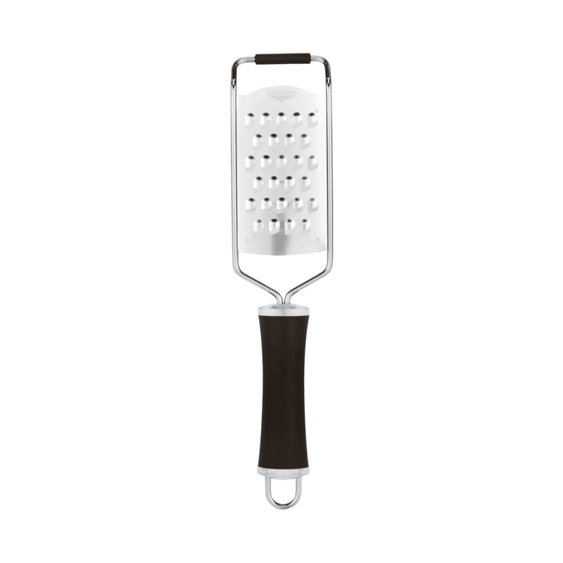 Sehr grobe Raspelung - Küchenreibe von Paderno, ergonomischer, rutschfester Griff aus Silikon,Kunststoff zur sicheren Auflage auf dem Schneidbrett, Gesamtlänge 30 cm, Klingenlänge 12 cm, Klingenbreite 7,7 cm, Gewicht: 180 gr, rostfreier Edelstahl, spülmaschinengeeignet, Öse zum Aufhängen